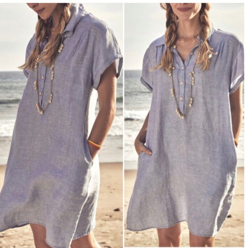 Faherty Hana Linen Shift Dress Womens Medium Blue Basket Weave Half Buttoned